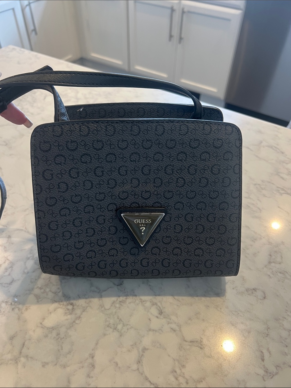 Guess Monogram Mini Shoulder Bag in Charcoal